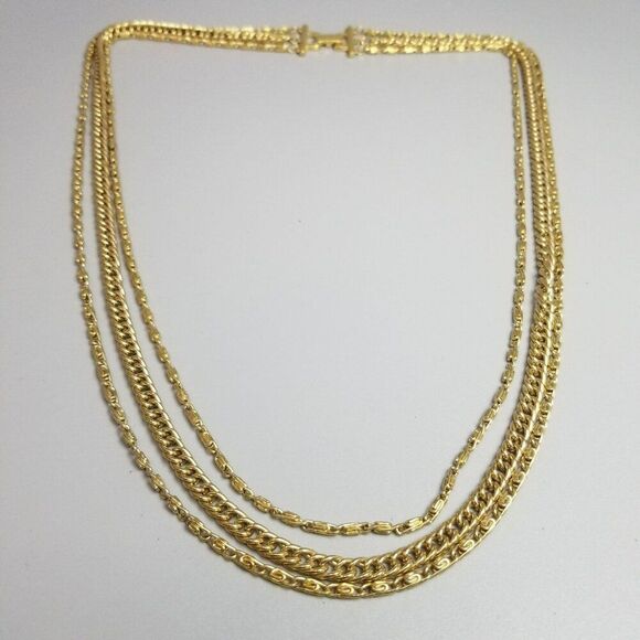 Vintage Three Strand Gold Tone Long Chain Necklace, Snail Links, 24 Inches Long - Picture 6 of 6